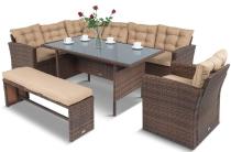 Brązowy narożnik technorattanowy z fotelem i ławką