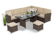 Set mobilier grădină tip colțar din technorratan Cofete Brown cu 2 pufe și masă înaltă 