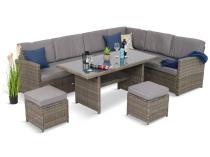 Set mobilier grădină tip colțar din techorattan Cofete Dark Grey cu 2 pufe și masă înaltă