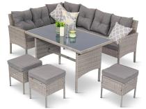 Coltar din ratan gri 190x140cm cu masa de sufragerie si pufe Torino Corner