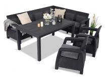 Set mobilier gradina/terasa Rellme VI cu 2 fotolii, coltar 6 locuri + masa 160x95cm, perne incluse, gri - grafit