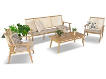 Set mobilier terasă Olvi modern din aluminiu în culoarea lemnului și accent natural decorat cu frânghie