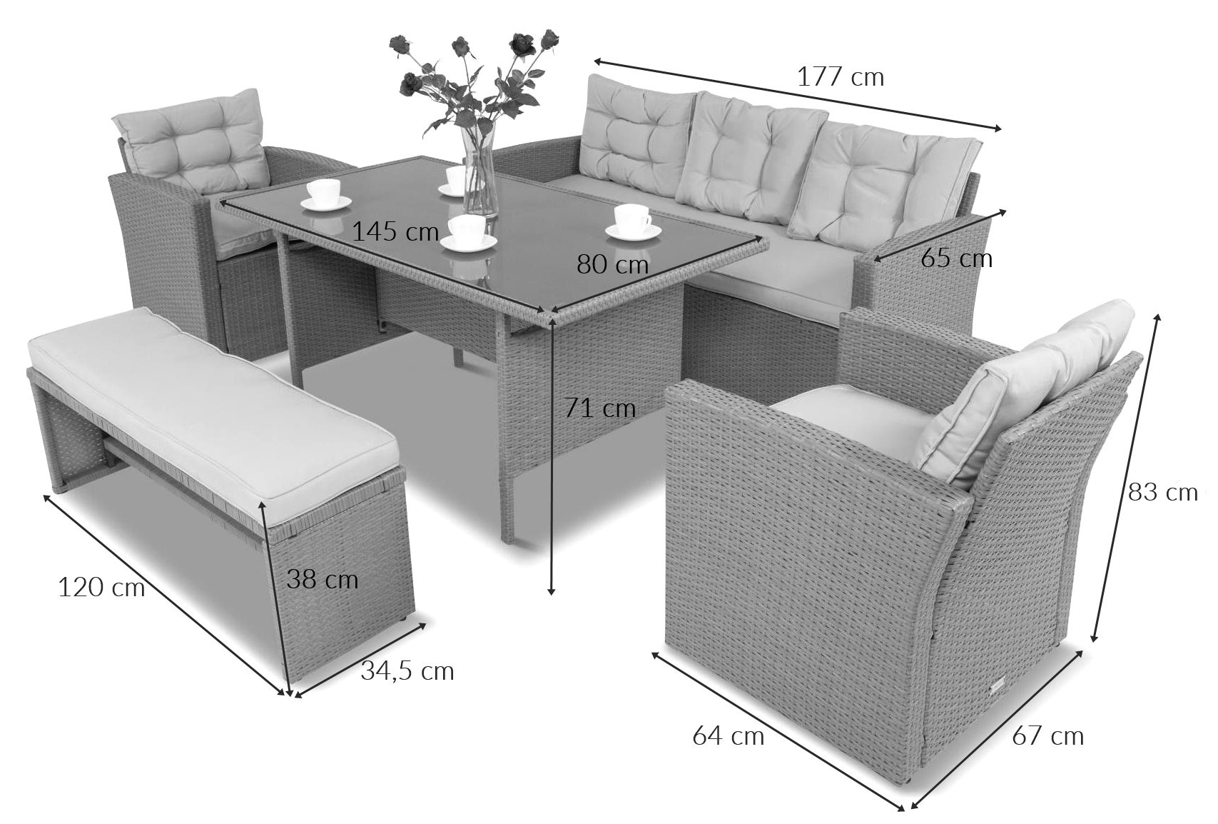Zestaw ogrodowy technorattanowy z kanapą trzyosobową wymiary