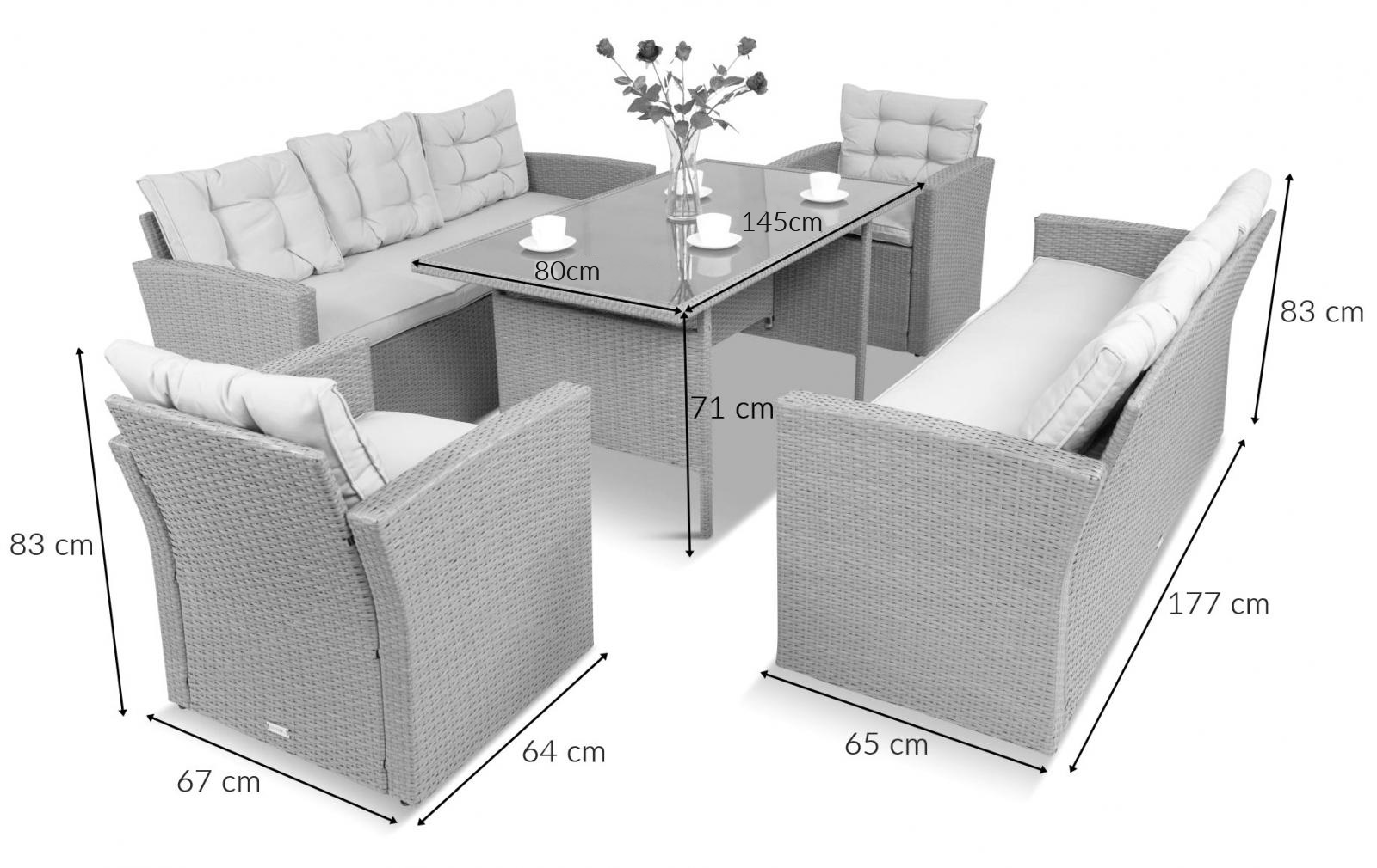 Meble ogrodowe z dwoma kanapami i stołem obiadowym wymiary
