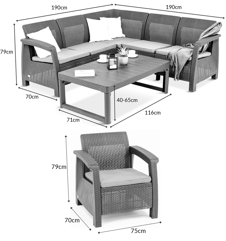 Duży narożnik ogrodowy z podnoszonym stołem wymiary