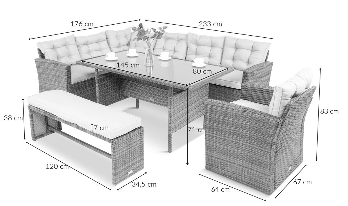 Brązowy narożnik technorattanowy z fotelem i ławką wymiary
